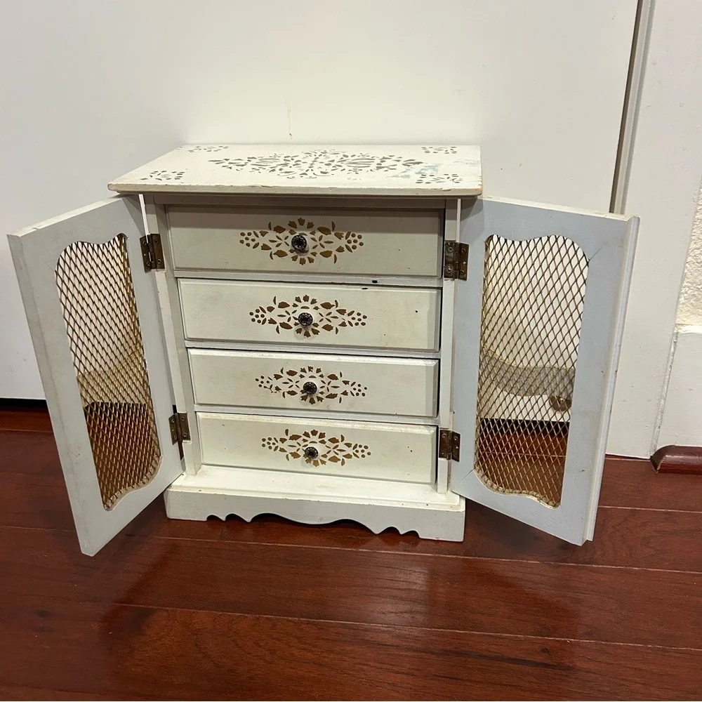 Vintage Jewelry Box French Provincial White Cabinet Music Box hand painted